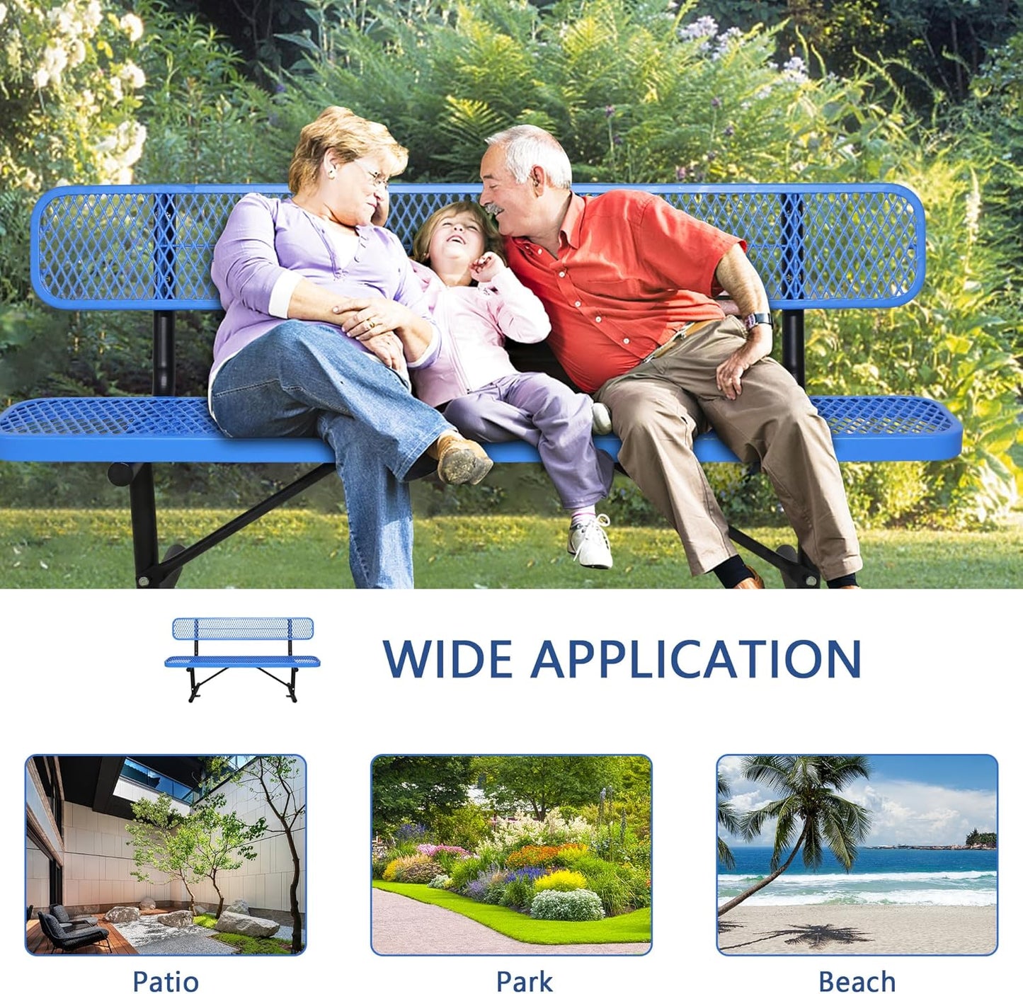 8 FT Steel Park Bench for Outside, Outdoor Bench with Backrest & Portable Frame, Commercial Benches for Shopping Mall, Store, Park, Patio, Deck, Blue