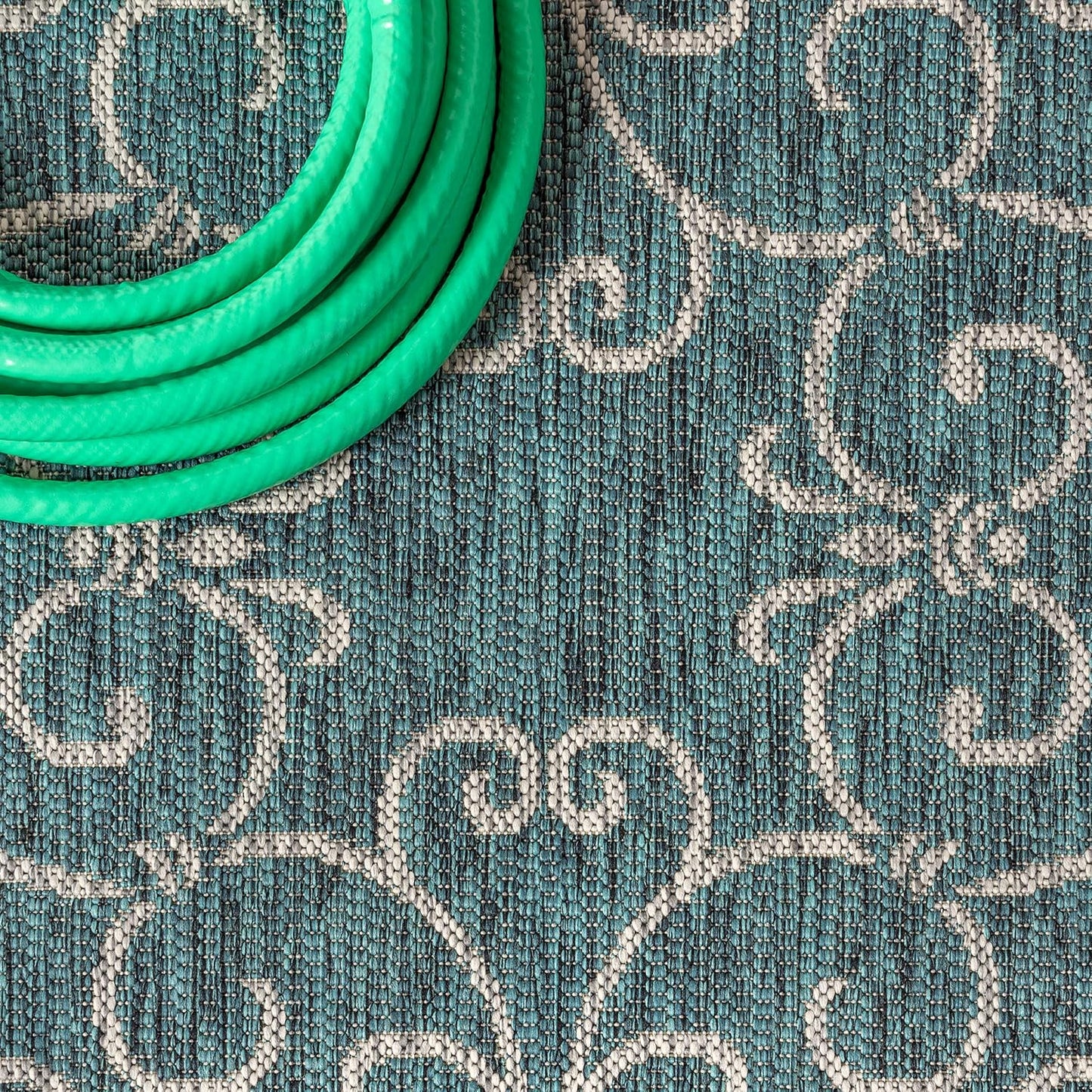JONATHAN Y SMB106F-210 Charleston Vintage Filigree Textured Weave Indoor Outdoor Runner Rug, Classic, Traditional, Transitional Easy Clean,Bedroom,Kitchen,Backyard,Patio, Non-Shed, Teal/Gray, 2 X 10