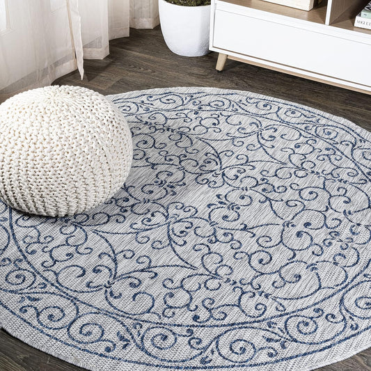 JONATHAN Y SMB106C-5R Charleston Vintage Filigree Textured Weave Indoor Outdoor Area Rug Classic Coastal Easy-Cleaning Bedroom Kitchen Backyard Patio Non Shedding, 5' Round, Gray/Navy