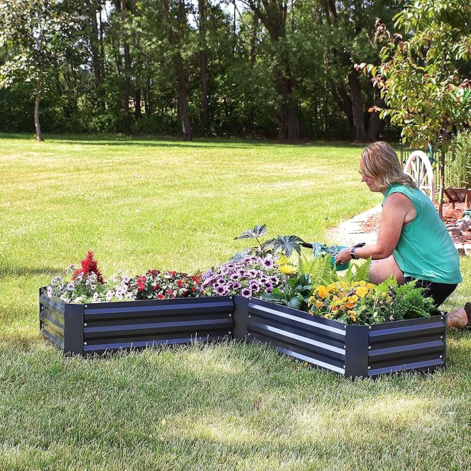 Sunnydaze 11.75" H Raised Metal Garden Bed - Galvanized Raised Garden Bed Outdoor for Vegetables and Flowers - Dark Gray - L-Shaped