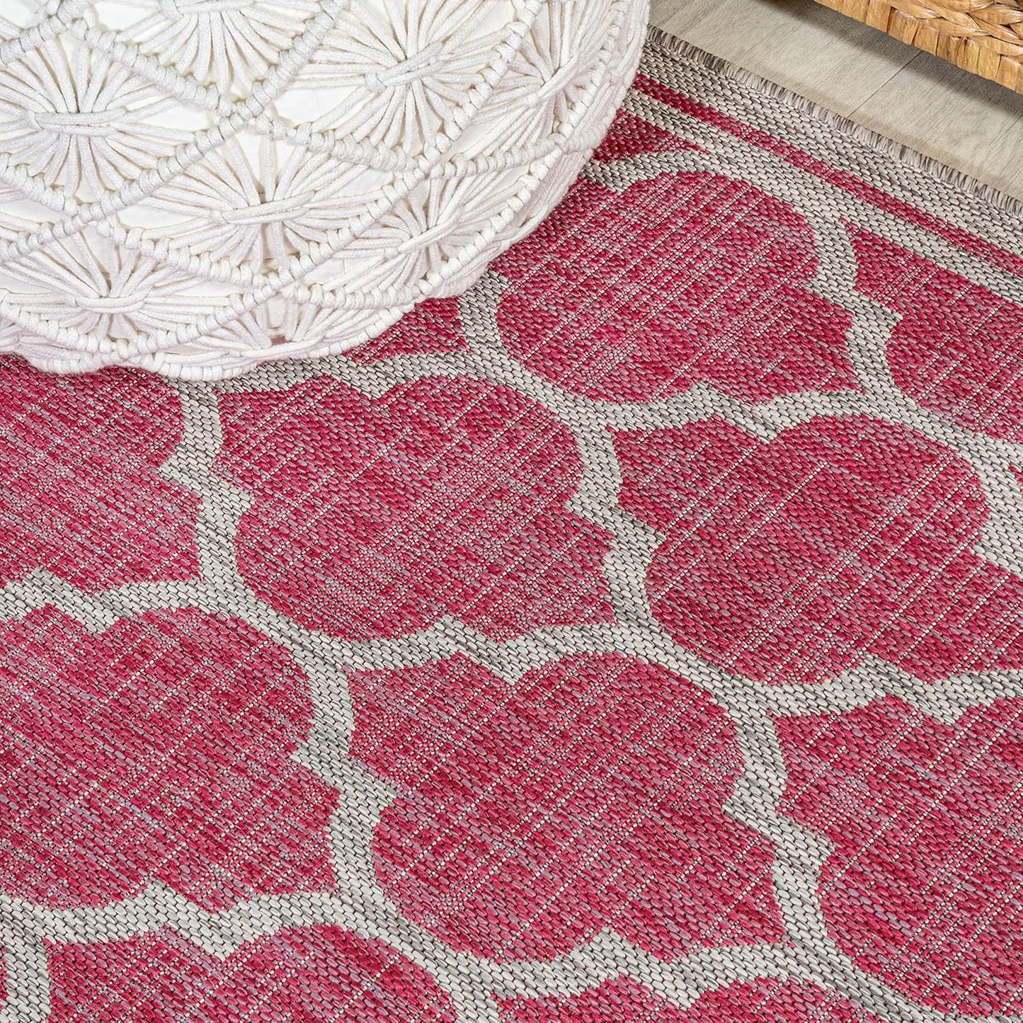 Eyely BMS109H-5R Santa Monica Trebol Moroccan Trellis Textured Weave Indoor/Outdoor Area Rug Coastal;Bohemian, Bedroom, Backyard, Patio, Easy-Cleaning, Non-Shedding, 5' Round, Fuchsia/Light Gray