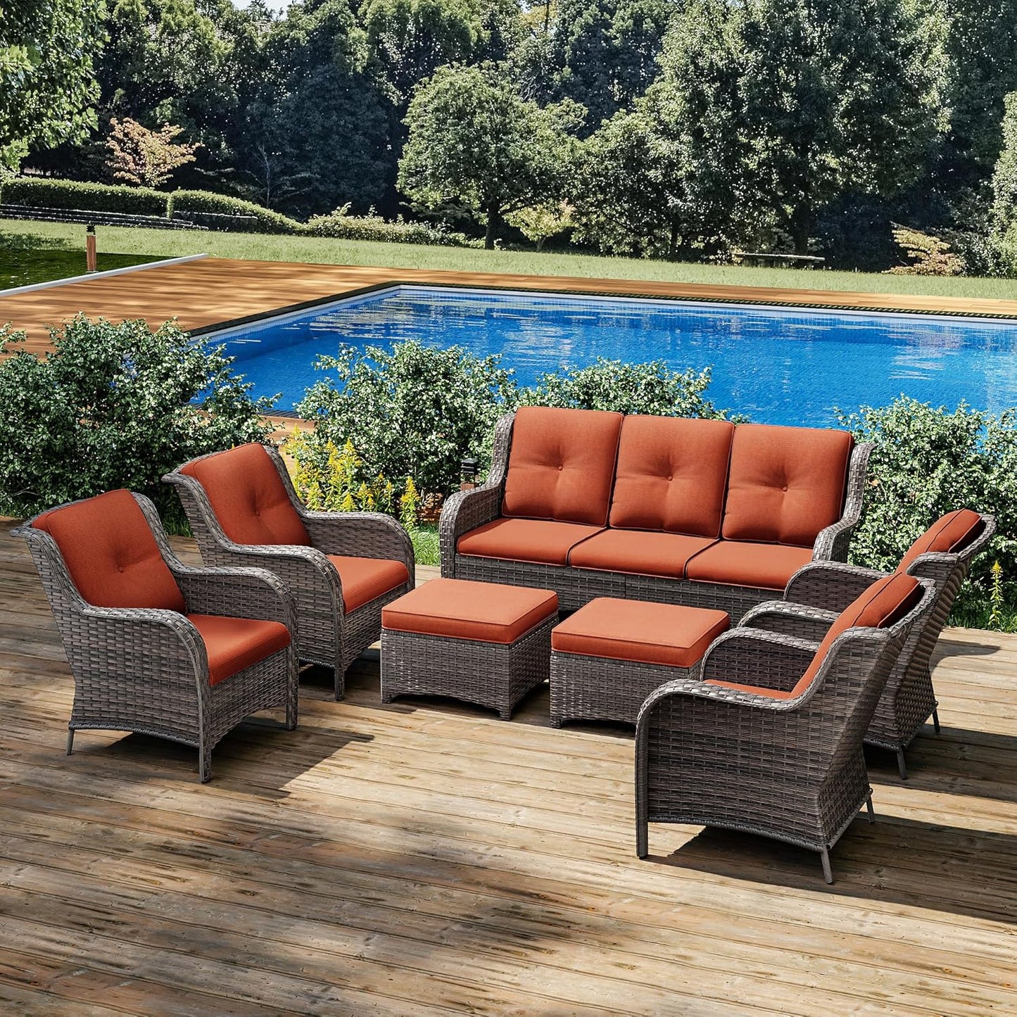 Joyside Wicker Patio Furniture Sets 7 Piece Set with One 3-Seat Sofa, Four Armchairs, Two Ottomans, Wicker Outdoor Furniture Sectional Conversation Set(Mixed Grey/Orange)