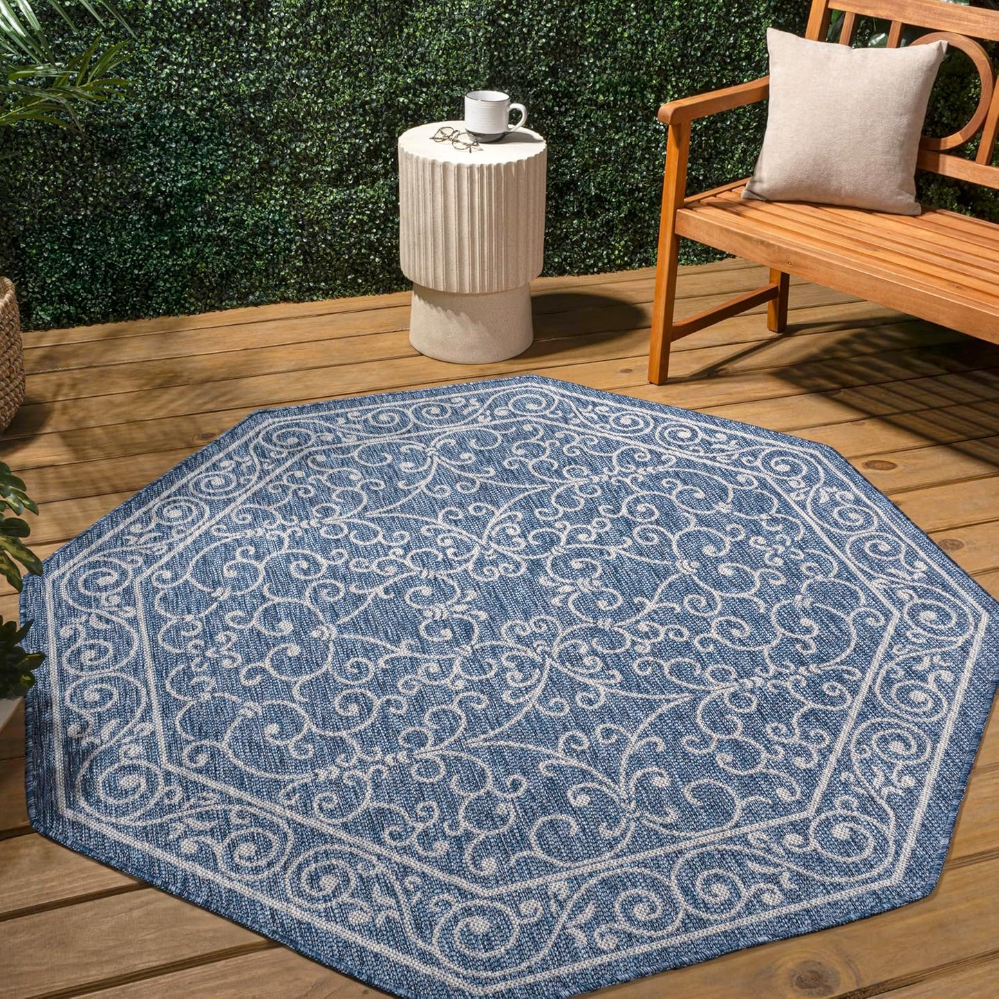 JONATHAN Y SMB106D-5TGN Charleston Vintage Filigree Textured Weave Navy/Gray 5' Octagon Indoor/Outdoor Area Rug, Non-Shedding, Stain Resistant,Fade Resistant, Easy-Cleaning for Backyard Patio, Porch
