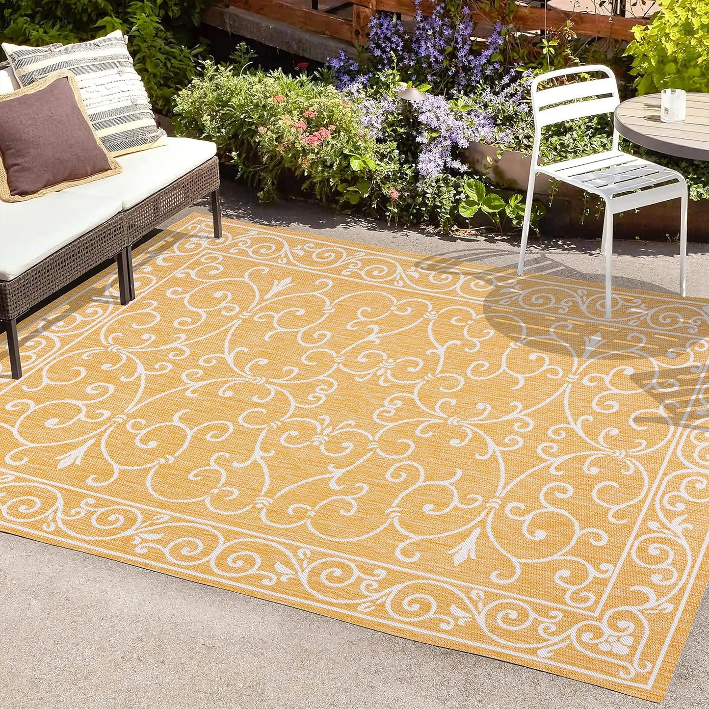 JONATHAN Y SMB106L-9 Charleston Vintage Filigree Textured Weave Indoor Outdoor Area Rug, Classic Traditional Easy-Cleaning,Bedroom,Kitchen,Backyard,Patio,Non Shedding, 9 X 12, Yellow/Cream