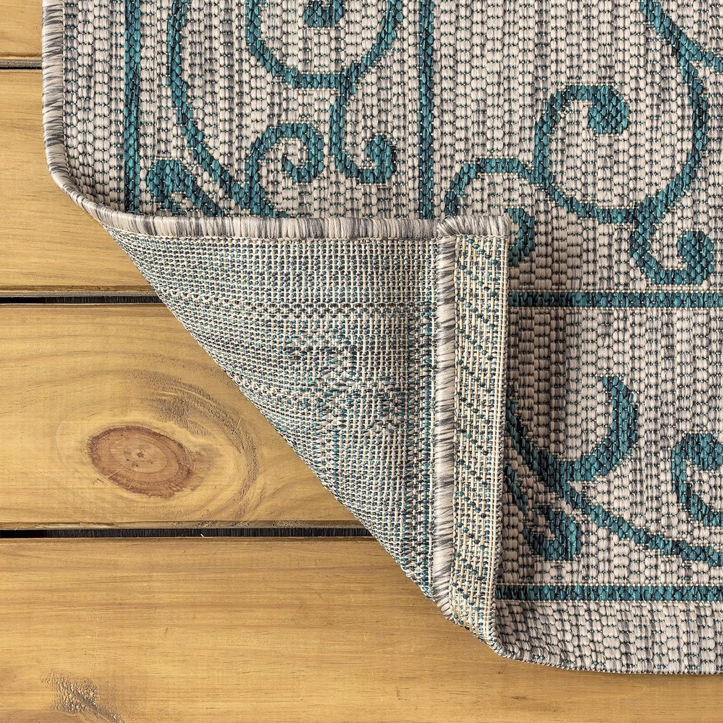 JONATHAN Y SMB106E-9R Charleston Vintage Filigree Textured Weave Gray/Teal 9' Round Indoor/Outdoor Area Rug, Pet Friendly, Non-Shedding, Stain Resistant, Easy-Cleaning for Backyard, Patio, Porch