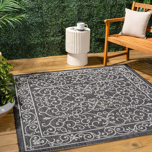 JONATHAN Y SMB106G-6SQ Charleston Vintage Filigree Textured Weave Black/Gray 6' Square Indoor/Outdoor Area Rug, Pet Friendly, Non-Shedding, Stain Resistant, Easy-Cleaning for Backyard, Patio, Porch