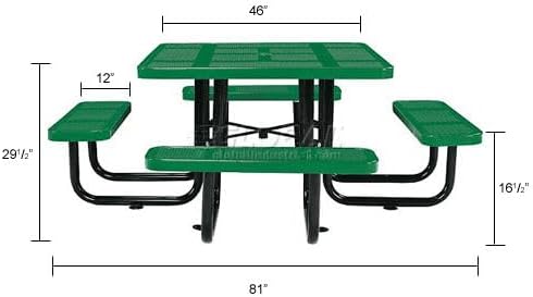 Global Industrial 46" Square Picnic Table, Perforated Metal, Green Thermoplastic Coating, Attached Benches, 1-1/2” Umbrella Pole Hole, Outdoor-Rated, 1200 lb Capacity