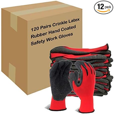 Evridwear Crinkle Latex Rubber Hand Coated Safety Work Gloves for Men Women General Multi Use Construction Warehouse Gardening Assembly Landscaping (XS-Size) Red 120 Pairs Pack