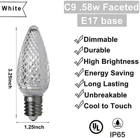 Set of 25 C9 White Faceted Cover Led Replacement Light Bulbs, Dimmable High Brightness E17 Christmas Decorative String Lights for Outdoor Holiday Decoration (White)