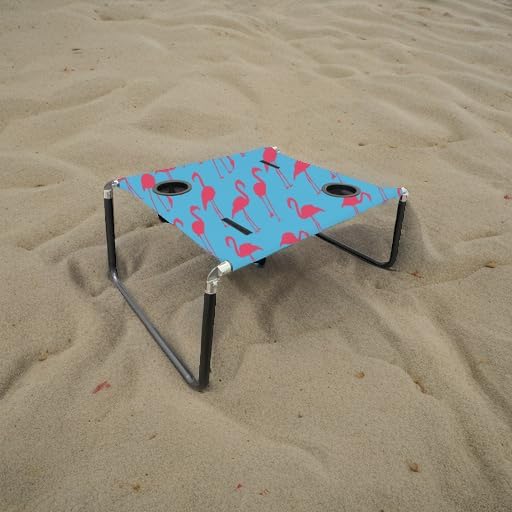 Neso Portable Beach Table with Cup Holders, Cell Phone Pockets, Lightweight for Picnics and Parks (Flamingos)