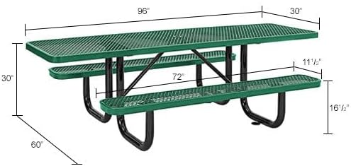Global Industrial 8'L Rectangular Picnic Table, ADA Compliant, Expanded Metal, Green Thermoplastic Coating, Attached Benches, 1-1/2” Umbrella Pole Hole, Outdoor-Rated