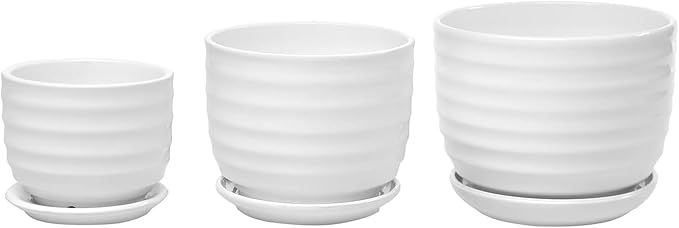 MyGift Modern Ribbed White Ceramic Indoor Plant Pot with Drainage Hole and Attached Saucer, Small Succulent Planter, Set of 3