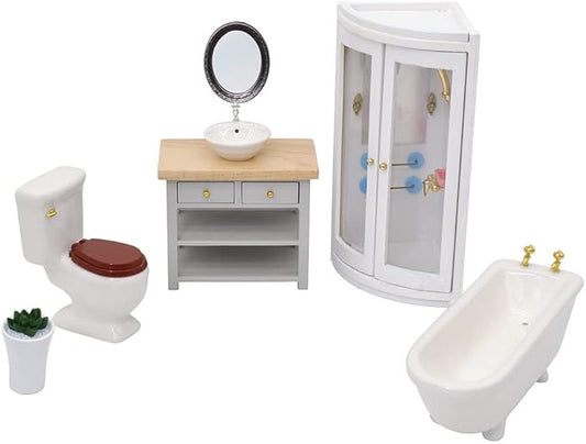 iLAND Dollhouse Furniture and Accessories 1/12 Scale of Dollhouse Bathroom Set incl Ceramic Dollhouse Toilet & Bathtub & Wooden Bathroom Cabinet with Sink (Modern 7pcs)
