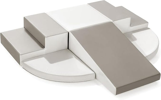 6-Piece Climb and Crawl Activity Play Set, Soft Foam Climbing Blocks for Toddlers with Wipe-Clean PU Leather, Anti-Slip Climbing Toys for Toddlers 1-3 Inside for All-Around Development, Gray & White