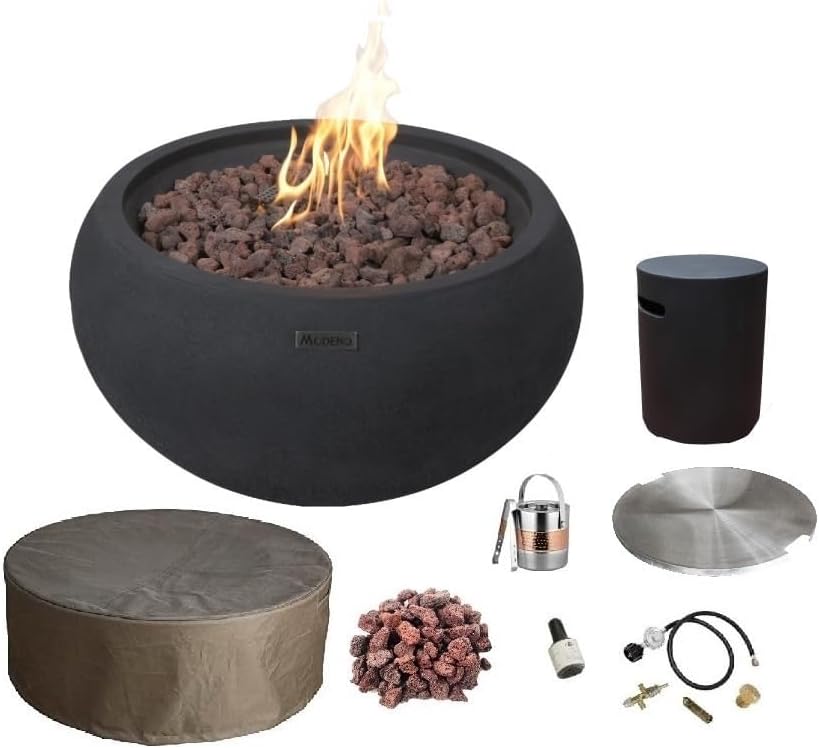 AMS Fireplace | Modeno York Package | Black Liquid Propane Gas Fire Pit Table for Outside Patio Bundle with Tank Cover and SS Burner Lid | Free Ice Bucket