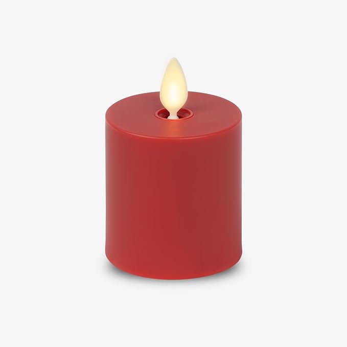 Luminara Outdoor Votive Flameless LED Candle, Cherry Red 2" x 3.2", Moving Flame Battery Operated Timer Remote Ready IPX4 Matte Plastic Finish