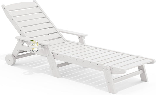 SERWALL Patio Chaise Lounge Chair, 78'' Long HDPE 5 Positions Adjustable Outdoor Lounger, Poly Lounge Chair with Rolling Wheels & Cup Holder for Pool, Light White