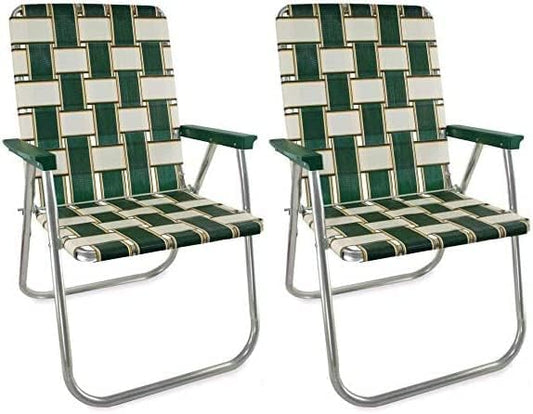 Lawn Chair USA - Outdoor Chairs for Camping. Made with Lightweight Aluminum Frames and UV-Resistant Webbing. Folds for Easy Storage 2- Pack (Charleston with Green Arms, Classic)