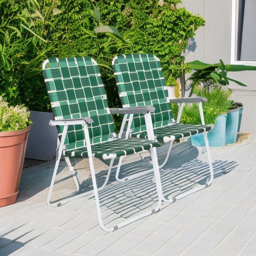 VINGLI Patio Lawn Webbed Folding Chairs Set of 4, Outdoor Beach Chair Portable Dining Chair for Outdoor Yard, Garden (Dark Green, Classic)
