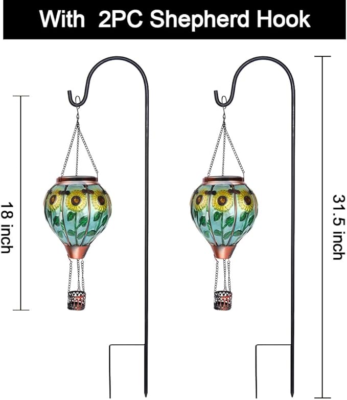 2PC Hot Air Balloon Solar Lantern with 2PC Shepherd Hook, Flickering Flame Hanging Solar Lanterns Outdoor Lights Waterproof Lanterns Decorative Garden Patio Yard Party Decor (Sunflower)