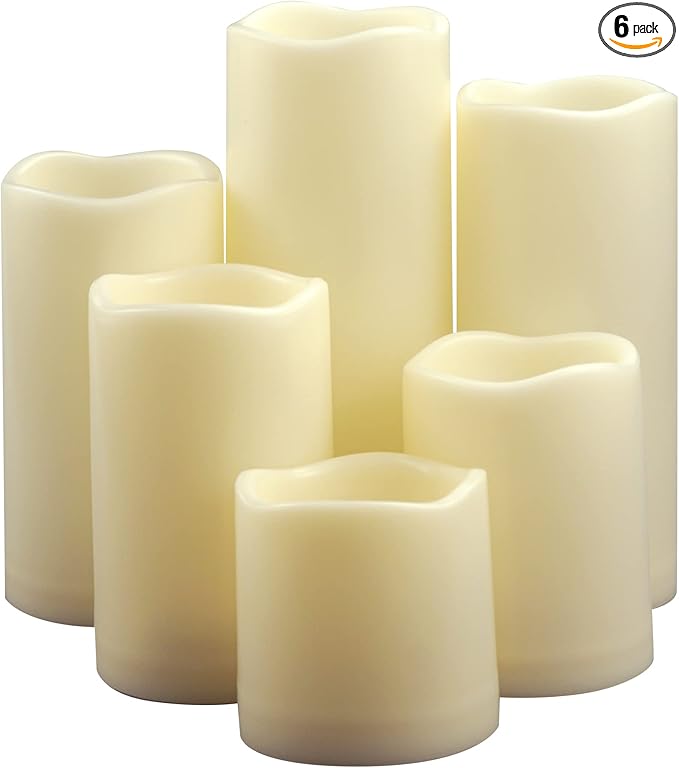 Waterproof Outdoor Battery Operated Flameless Pillar Candles with Timer White Plastic Realistic Flickering Fake Electric LED Lights for Lantern Garden Wedding Christmas Decorations 6 Pack