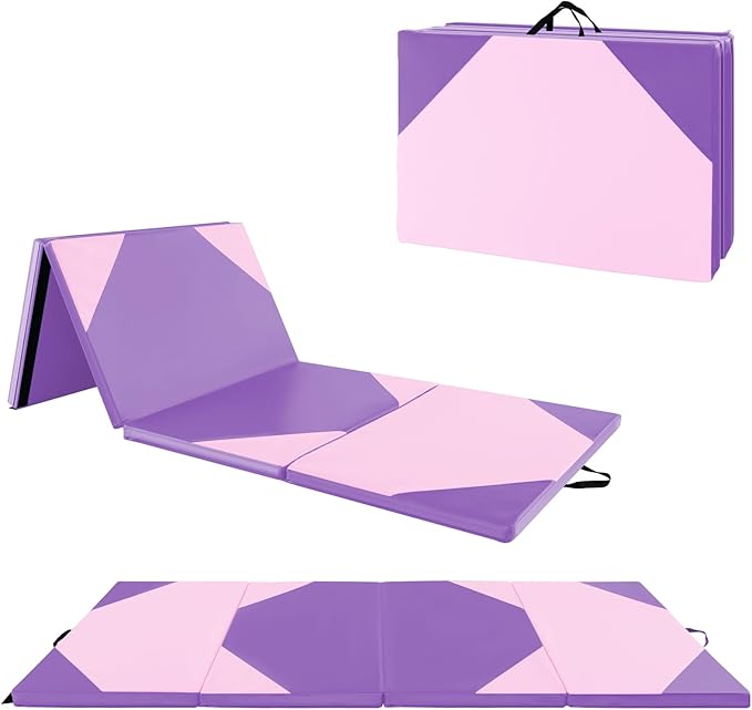 Giantex 4'x10'x 2" Gymnastics Mat, 4-Panel Folding Aerobics Exercise Mat w/Hook & Loop Fastener, Carrying Handle, Portable Tumbling Mat for Stretching Yoga Cheerleading Martial Arts