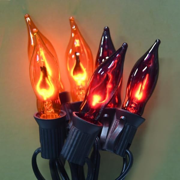 12.8Ft Halloween Decorations - Indoor/Outdoor Flickering Flame String Lights, Orange & Purple, 12 Pack C7 Flame Lights Bulbs