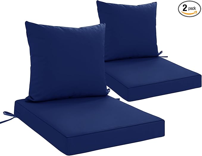 24x24 Inch Outdoor Cushions for Patio Furniture Set of 2, Waterproof Outdoor Chair Cushions w/Fade-Resistant, Removable & Machine-Washable Covers, Deep Seat Sofa/Couch Pads Replacement, Navy Blue