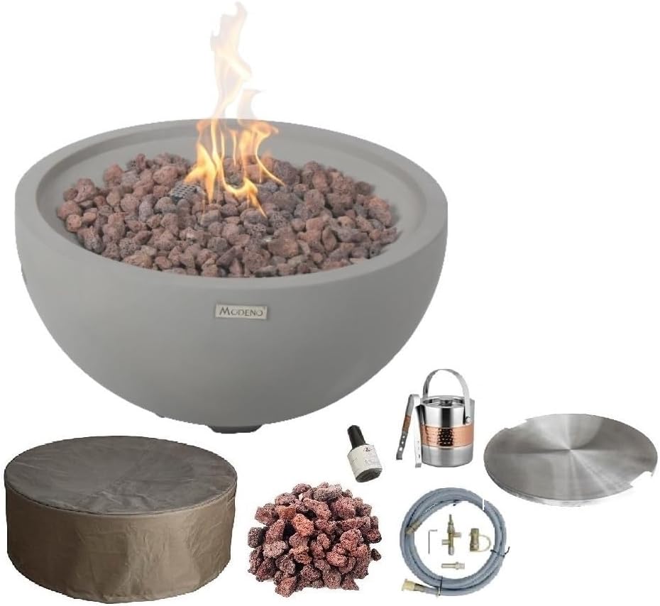 AMS Fireplace | Modeno Nantucket Package | Light Gray Natural Gas Fire Pit Table for Outside Patio Bundle with SS Burner Lid | Free Ice Bucket