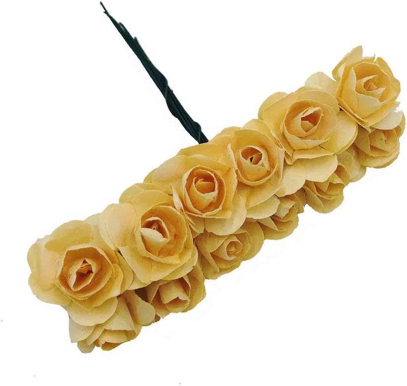 Mini Fake Rose Flower Heads 144pcs Mini Artificial Mulberry Paper Roses Flower with Wire Stem DIY Wedding Flowers Accessories Make Bridal Hair Clips Headbands Dress (Champagne)