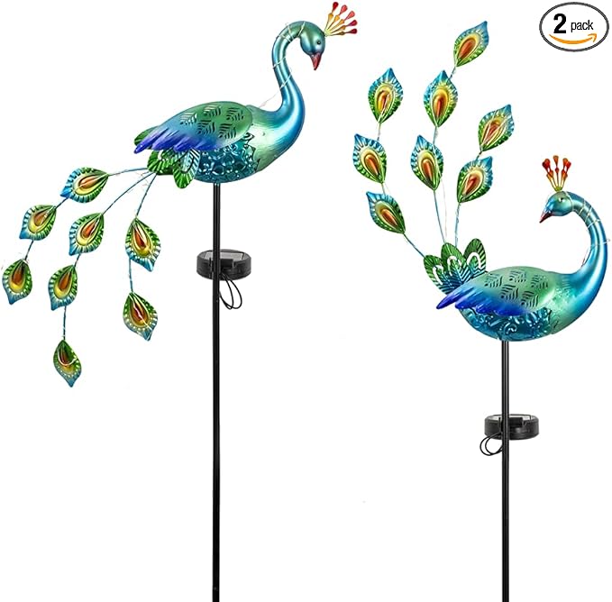 VEWOGARDEN 2 Pack Solar Stake Lights Outdoor Waterproof Metal Peacock Solar Lights for Yard Garden Patio Pathway Walkway, Blue
