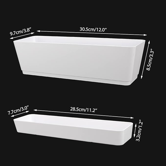 GREANER Window Boxes, 3 Pack 12x3.8 Inch Mixed Color Rectangle Herb Planters with Tray, Indoor Succulent Cactus Plastic Saucer Pot for Windowsill, Balcony, Office, Outdoor Garden (Black, White, Beige)