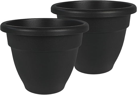 The HC Companies Caribbean Planter Pot - Outdoor & Indoor Plant Pot with Drainage Hole & Plug - Rolled Rim Plastic Pots for Plants & Flowers - Decorative Plant Pot (10" Black, Pack of 2)