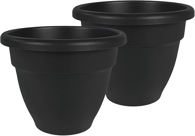 The HC Companies Caribbean Planter Pot - Outdoor & Indoor Plant Pot with Drainage Hole & Plug - Rolled Rim Plastic Pots for Plants & Flowers - Decorative Plant Pot (14" Black, Pack of 2)