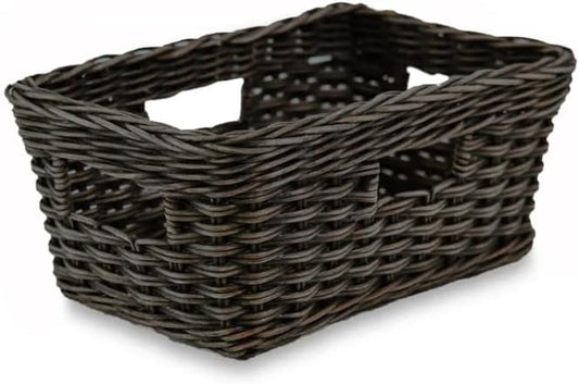 The Basket Lady Rectangular Low Wicker Storage Basket, Small, 12 in L x 8 in W x 5 in H, Antique Walnut Brown