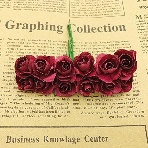 Mini Fake Rose Flower Heads 144pcs Mini Artificial Mulberry Paper Roses Flower with Wire Stem DIY Wedding Flowers Accessories Make Bridal Hair Clips Headbands Dress (Burgundy)
