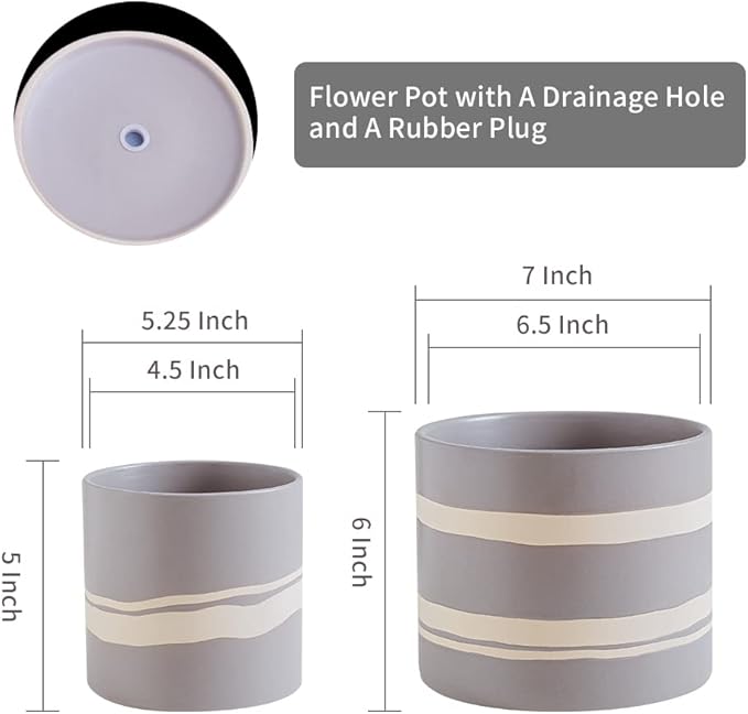 Nihow Modern Ceramic Plant Pot - 5 + 7 Inch Flower Pot for All Indoor Plants - Sturdy Planter Pots with Drainage Hole & Rubber Plugs - Semi-Matte Gray & Nature - Plants Not Included
