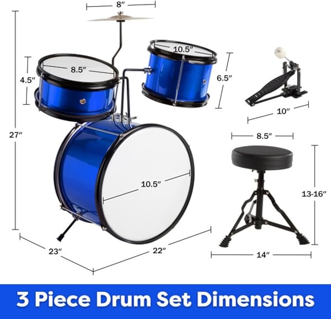 Hey Play Kids 3-Piece Drum Set - Kit With Cymbal, 2 Toms, Bass and Pedal, Drumsticks and Throne - Beginner Musical Instruments (Blue)