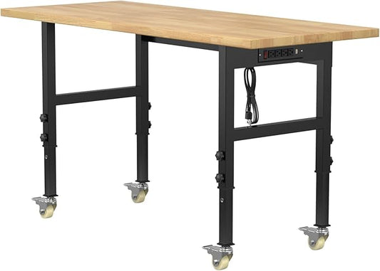 60" Adjustable Workbench,Heavy-Duty Work Table,3000 LBS Load Capacity Hardwood Workstation Outlets with Power Strips and Wheels,for Workshop, Garage