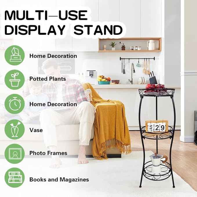 VECELO 3 Tier Metal Outdoor Plant Stand Indoor, Rustproof Stable 33.8” Tall Iron Flower Stand, Decorative Multiple Heavy Duty Plant Holder for Corner, Patio, Balcony Garden, Black