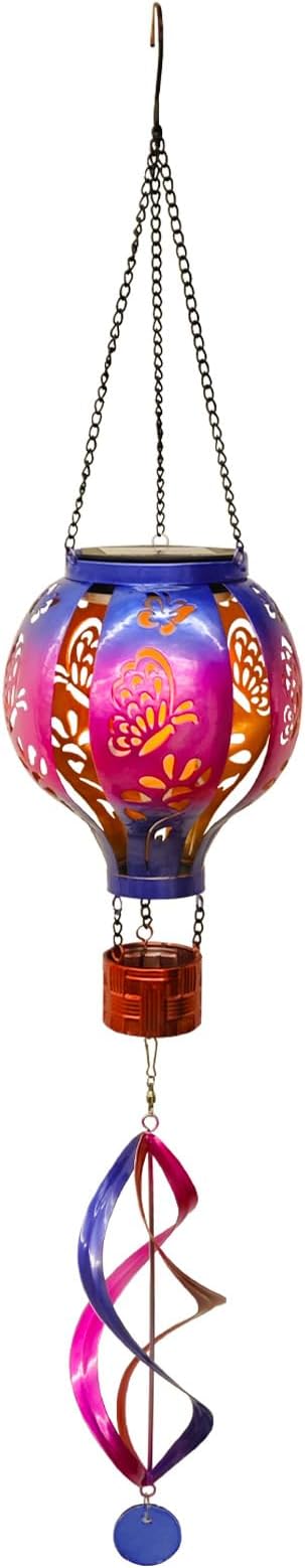 Hot Air Balloon Solar Lantern Butterfly Wind Spinners with Flickering Flame Light Hanging Solar Lantern Outdoor Waterproof Decorations for Outside Patio Garden Yard