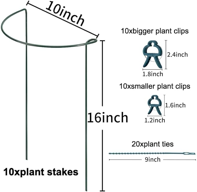 TCBWFY 10 Pack Garden Plant Support Stakes,10" Widex16 High Heavy Duty Interlinked Half Round Peony Support Ring Cage for Indoor Outdoor Plants,Plant Supports for Peony,Tomato,Hydrangea,Rose