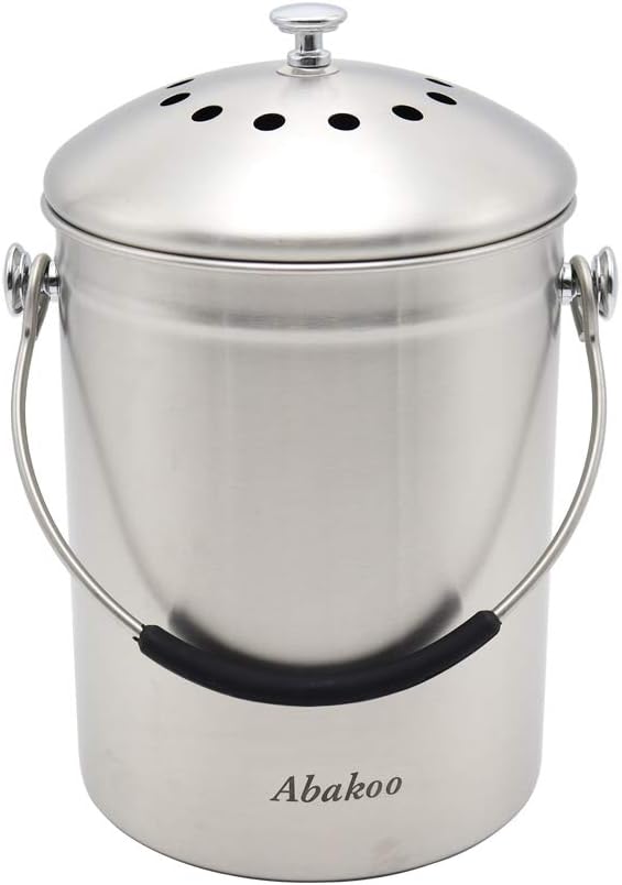 Abakoo Stainless Steel Compost Bin for Kitchen Countertop Compost Bucket Kitchen Pail Compost with Lid 1.3 Gallon-Includes 4 Filters