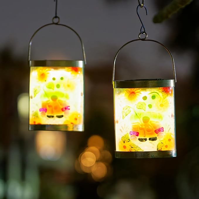 Starsoul 2 Pack Hanging Solar Lantern Outdoor Waterproof Glass Gnome and Sunflowers Decorative Solar Lights for Outside Garden Yard Table Patio Decor