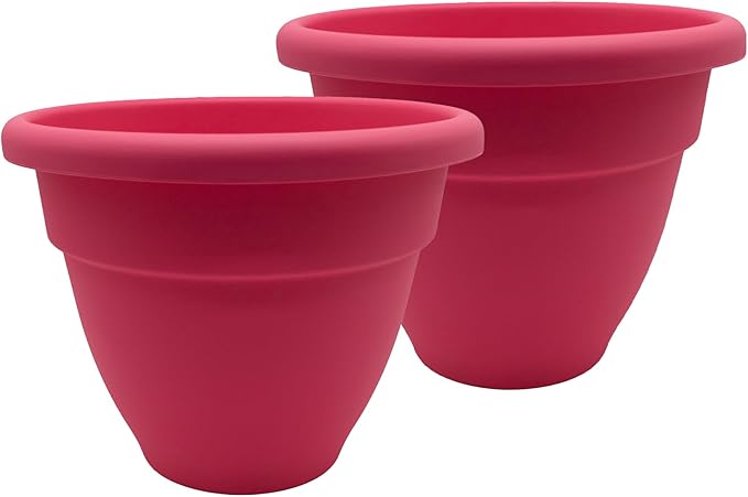 The HC Companies Caribbean Planter Pot - Outdoor & Indoor Plant Pot with Drainage Hole & Plug - Rolled Rim Plastic Pots for Plants & Flowers - Decorative Plant Pot (12" Pink Rose, Pack of 2)