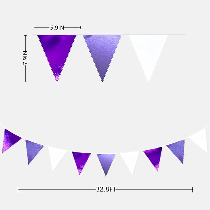 Purple and White Party Decorations Metallic Fabric Ombre Purple White Triangle Pennant Banner Flag Bunting for Graduation Birthday Engagement Wedding Bachelorette Lavender Lilac Violet Party Supplies