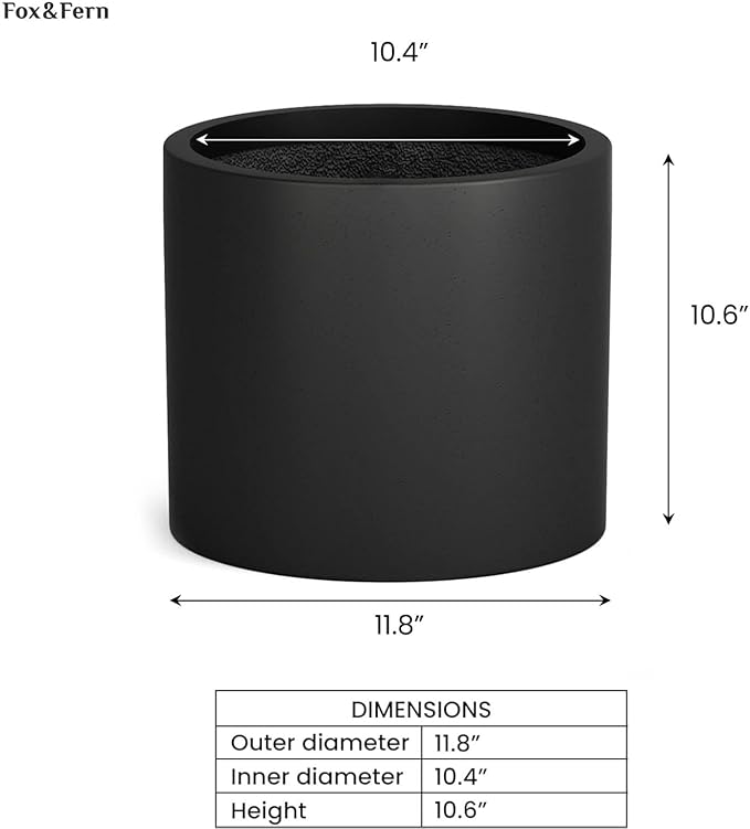 Fox & Fern Large 12 Inch Black Plant Pot — Premium Lightweight Fiberstone Matte Black Planter w Drainage Plug; Large Indoor & Outdoor Planter; 12 Inch Pots for Plants; Weather Resistant & UV Resistant