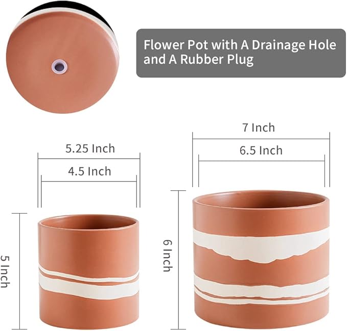 Nihow Modern Ceramic Plant Pot - 5 + 7 Inch Flower Pot for All Indoor Plants - Sturdy Planter Pots with Drainage Hole & Rubber Plugs - Semi-Matte Terracotta & Nature - Plants Not Included