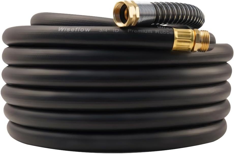 WiseFlow Garden Hose 50FT x 3/4", Heavy Duty Rubber Hose, 1000PSI Burst, 300PSI Working, Water Hose with Five Layered Braiding, Male Female Fittings (Black)
