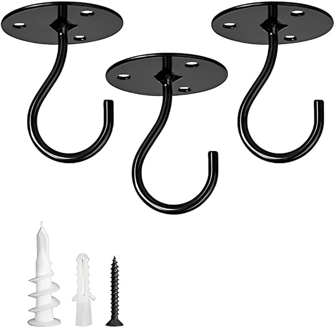 Ceiling Hooks for Hanging Plants-Heavy Duty Wall Mount Hanger Bracket for Hanging Bird Feeders, Lanterns, Wind Chimes, Planters, Outdoor Decoration (3 Pack) (Black)